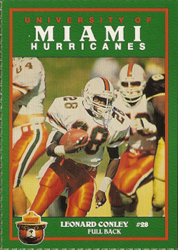 miami conley hurricanes leonard 1990 cards football collegiate smokey issued bear
